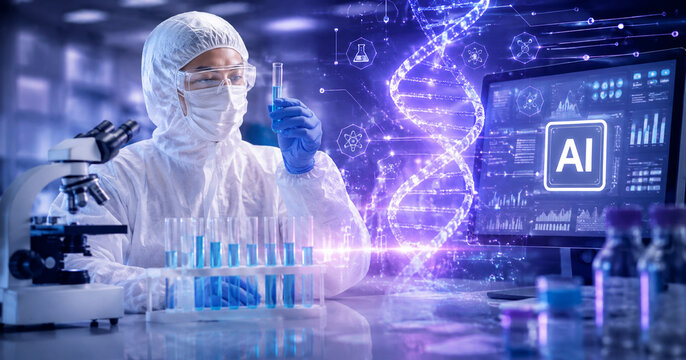 AI generated scientist analyzing test tube glowing DNA interface AI data for biotechnology genetics medical research laboratory science genomic innovation