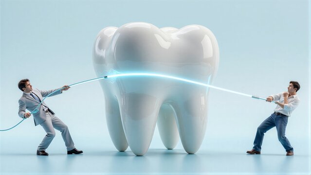 Two men pull a glowing string taut, attempting to move an enormous white tooth.
