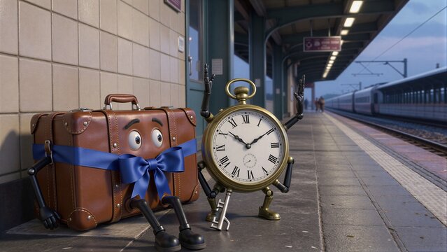 Animated suitcase and clock character wait at train station platform.