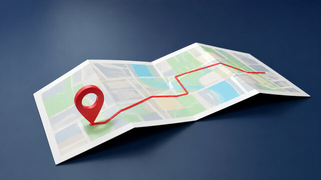 AI generated 3D folded city map red location pin route line for navigation travel GPS directions mapping technology destination concepts