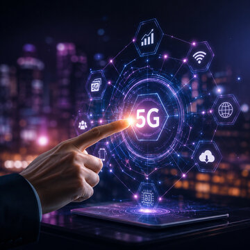 AI generated hand touching glowing 5G interface wireless network cloud data smart connectivity representing high speed communication digital technology