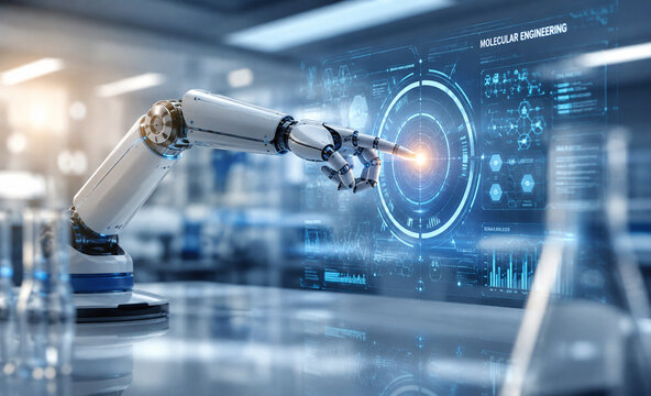 AI generated robotic arm using digital interface molecular data for artificial intelligence biotechnology research automation scientific innovation