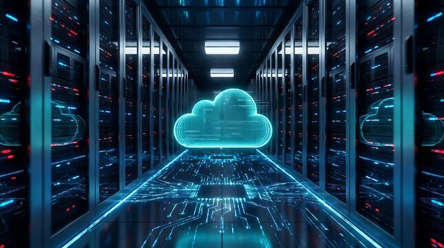 Data center aisle with glowing cloud icon