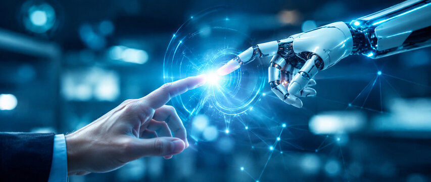 AI generated human robotic hands touching glowing digital interface representing artificial intelligence collaboration automation robotics future technology
