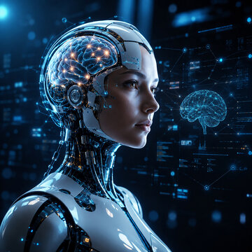 AI generated futuristic cyborg visible digital brain neural interface representing artificial intelligence robotics machine learning advanced technology