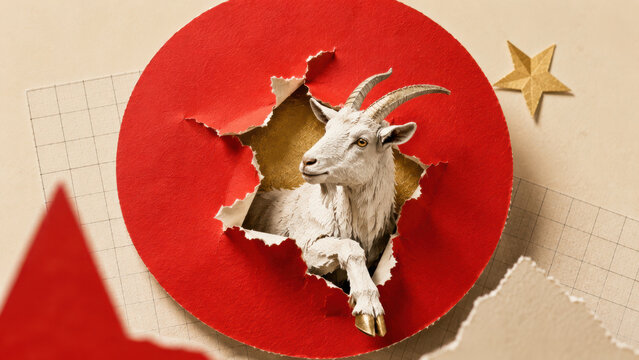 Layered paper collage of a goat in red and gold marking the Chinese year of the goat 2027