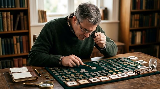 Mature man examining rare vintage coins with a magnifying glass at desk