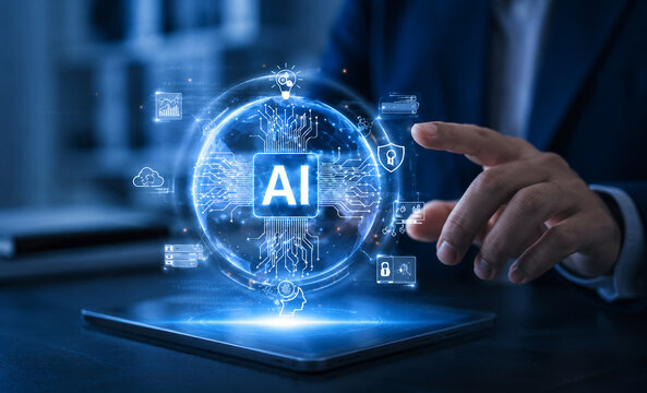 AI generated artificial intelligence hologram digital circuits business hand representing automation machine learning cybersecurity future technology
