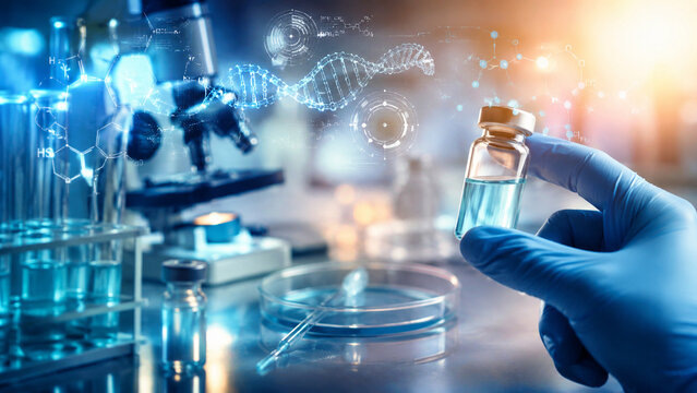 AI generated laboratory vial glowing DNA interface microscope test tubes representing biotechnology genetics medical research molecular science genomic innovation