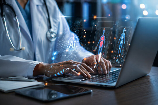 AI generated doctor using laptop digital AI interface patient anatomy data for medical diagnosis healthcare analytics monitoring advanced health technology