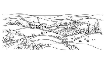 Fototapeta premium Rural Landscape Drawing, Farmhouse, Rolling Hills, Village Scene, Countryside Outline