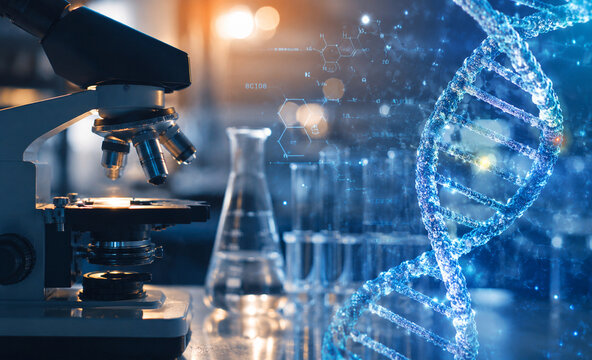 AI generated microscope glowing DNA helix molecular data representing biotechnology genetics laboratory research medical science genomic innovation