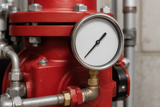 Fire Sprinkler Inspection Training Unbranded Dry System Air Pressure Gauge Mounted on a Credible Red Valve Assembly