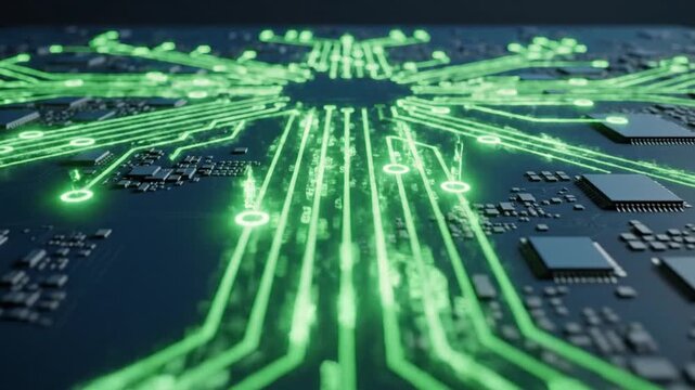 Circuit board motherboard features glowing green data pathways radiating from microchips in a high-tech computing concept.