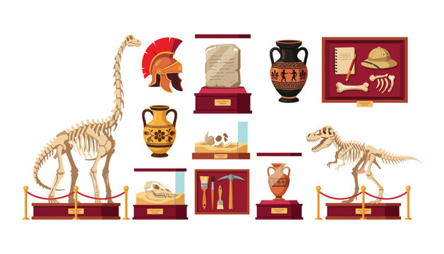 Museum history and archaeology vector icon set with dinosaur skeletons ancient pottery antique artifacts and paleontology exhibition elements,