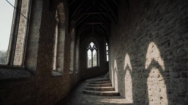 Moonlit Gothic Corridor Inside An Ancient Cathedral.