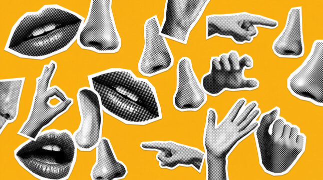 A modern pop art collage featuring black and white halftone illustrations of human hands, lips, and noses arranged on a vibrant yellow background.