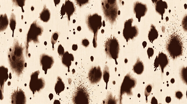 A seamless artistic pattern featuring scattered dark brown ink splashes, drips, and paint spots on a textured cream background, perfect for design projects.