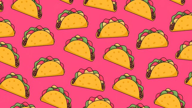Colorful seamless pattern with cute cartoon mexican taco on pink background. Comic flat girlish pop art tacos texture for fast food textile, wrapping paper, package, restaurant or cafe menu banners 