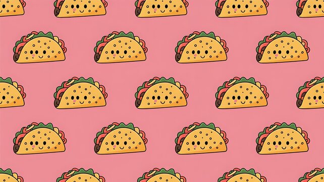 Colorful seamless pattern with cute cartoon mexican taco on pink background. Comic flat girlish pop art tacos texture for fast food textile, wrapping paper, package, restaurant or cafe menu banners 