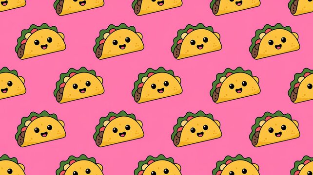 Colorful seamless pattern with cute cartoon mexican taco on pink background. Comic flat girlish pop art tacos texture for fast food textile, wrapping paper, package, restaurant or cafe menu banners 