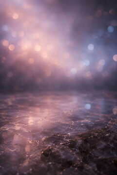 Dusky mauve and blue bokeh over polished dark marble with fine gold veining, offering a sophisticated twilight backdrop for premium product presentation.