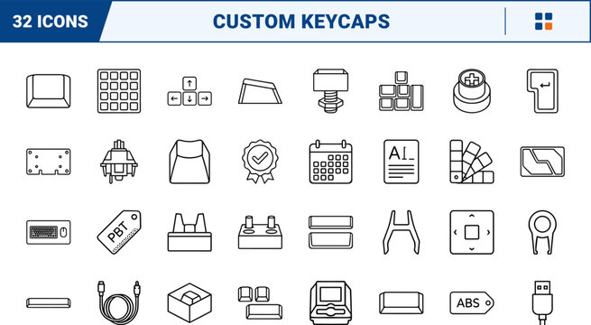 Mechanical keyboard custom keycaps grid line icon set. Vector pictograms of keycap, profile, keypuller, and switches elements, thin linear illustration.