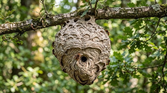 Hornet nest hanging from a tree branch in the forest