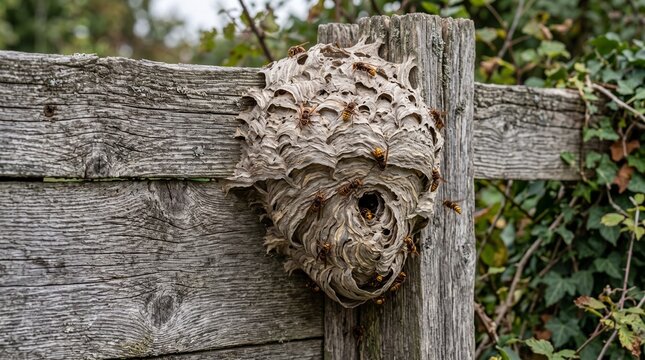 Hornet nest on weathered wood fence with active insects