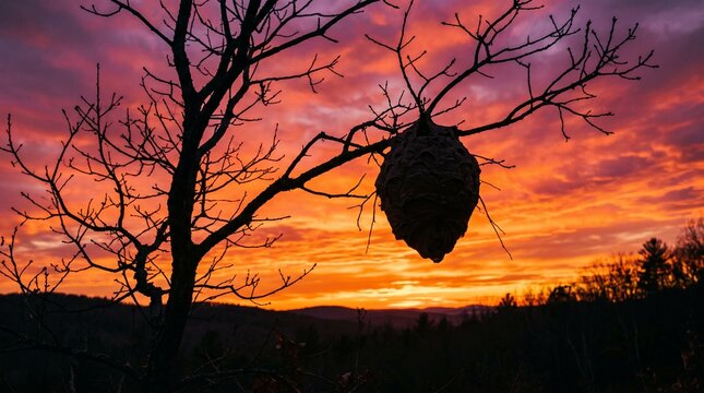 Hornet nest silhouetted against a dramatic sunset on tree branches
