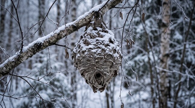Hornet nest hanging on a snow covered tree branch in winter forest