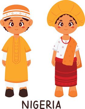 Cute Nigerian boy and girl wearing traditional Buba and Gele outfit flat vector illustration