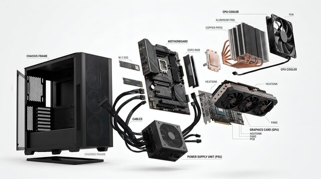 Computer hardware components exploded view with labels