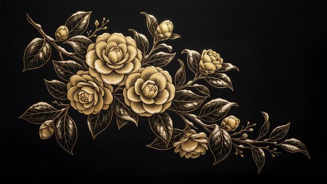 流れるように描かれる流れる金線で描く幻想の花の横長金墨動画