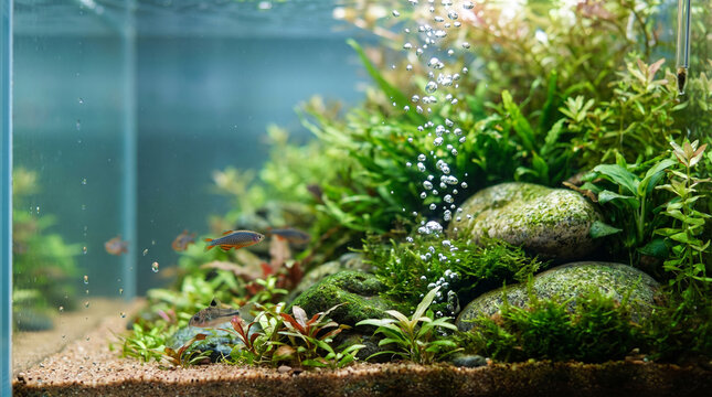 Lush aquatic plants growing underwater in a clear planted aquarium with natural green tones.