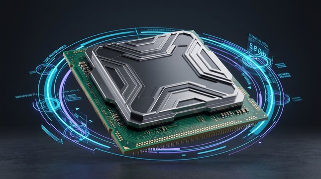 Advanced CPU processor with futuristic holographic interface