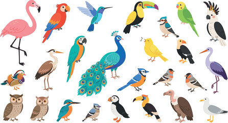 Fototapeta premium Tropical and Exotic Birds Vector Icon Set Featuring Colorful Flamingo Parrot Peacock Owl Hummingbird and Toucan Illustrations for Wildlife and Nature Designs
