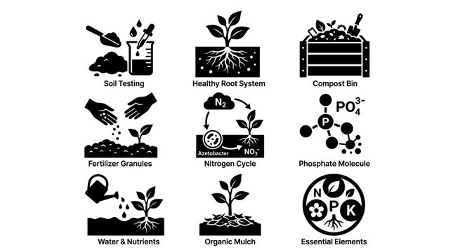 Fertilizer and plant nutrients icons.