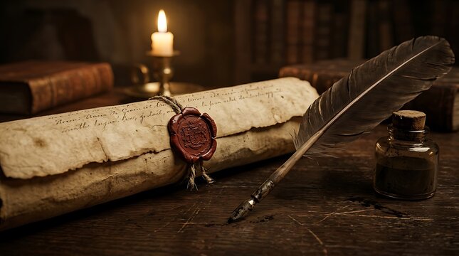 An antique quill pen and inkwell rest on a wooden desk next to a sealed scroll, evoking a sense of historical writing and scholarly pursuits