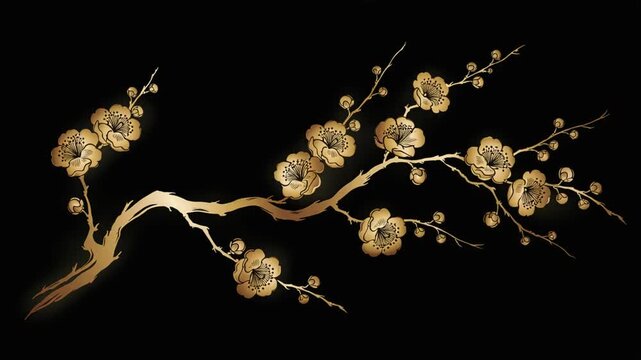 勢いよく描かれる黒背景に咲く金色の梅の枝の横長金墨動画