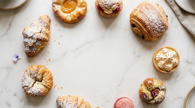 Assorted French Pastries and Croissants in Circular Frame on Marble Table with Copy Space