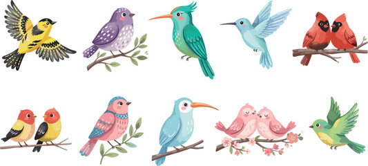 Fototapeta premium Adorable Watercolor Style Little Birds Vector Collection Featuring Cute Colorful Songbirds Hummingbirds and Cardinals for Spring Nature and Wildlife Graphic Designs