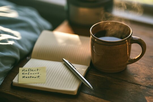 Hot steaming coffee cup next to an open notebook with a motivational sticky note on a wooden table. Use this inspiring morning routine concept for personal growth .