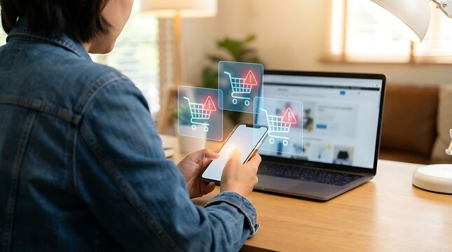 Woman shopping online with smartphone and digital icons for retail experience at home desk