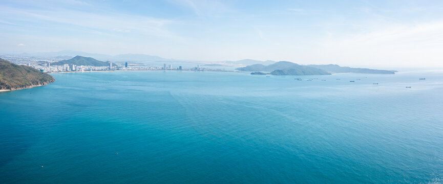 Aerial view of Quy Nhon coast with mountains and beaches, Vietnam.  Drone Photo