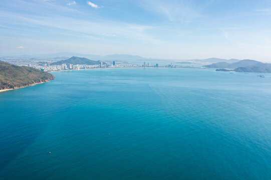 Aerial view of Quy Nhon coast with mountains and beaches, Vietnam.  Drone Photo
