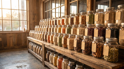 Fototapeta premium Wide view of a sustainable zero waste grocery store interior with glass jars on wooden shelves.