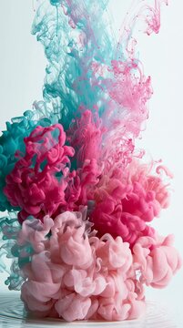 Ink drops mix and create clouds in water with teal and pink shades. This happens in a clear container with light background.