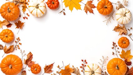 Fototapeta premium Autumn harvest frame with pumpkins and fallen leaves on white flat lay surface