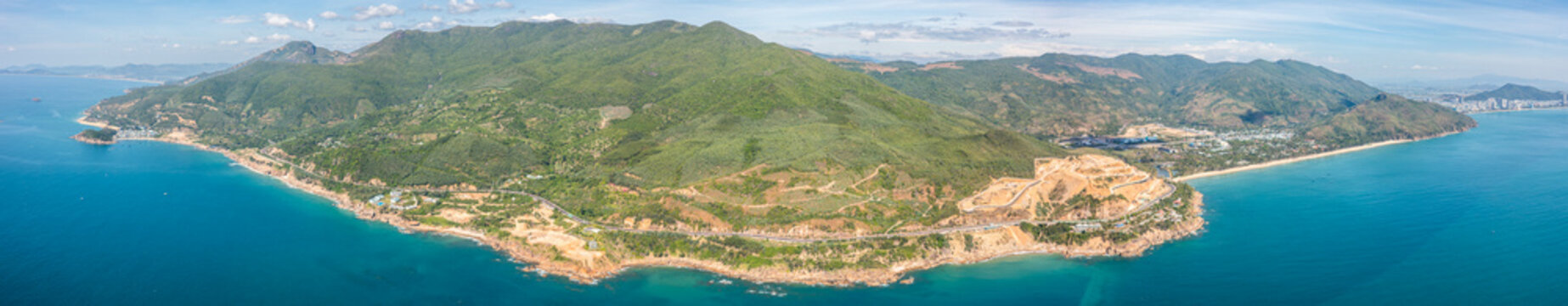 Aerial view of Quy Nhon coast with mountains and beaches, Vietnam.  Drone Photo